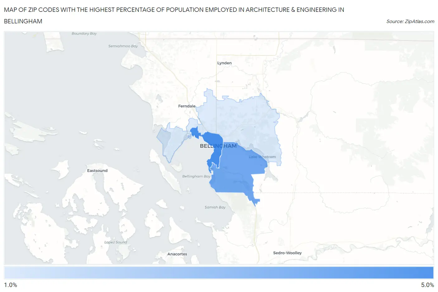 Zip Codes with the Highest Percentage of Population Employed in Architecture & Engineering in Bellingham Map