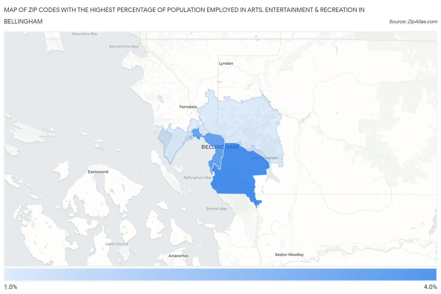 Zip Codes with the Highest Percentage of Population Employed in Arts, Entertainment & Recreation in Bellingham Map