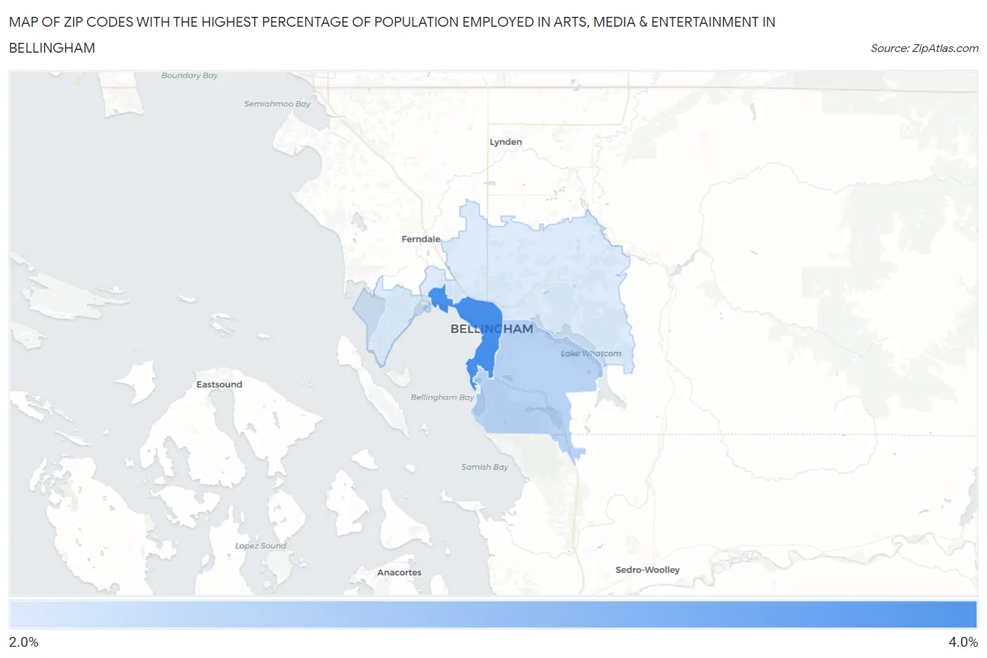 Zip Codes with the Highest Percentage of Population Employed in Arts, Media & Entertainment in Bellingham Map