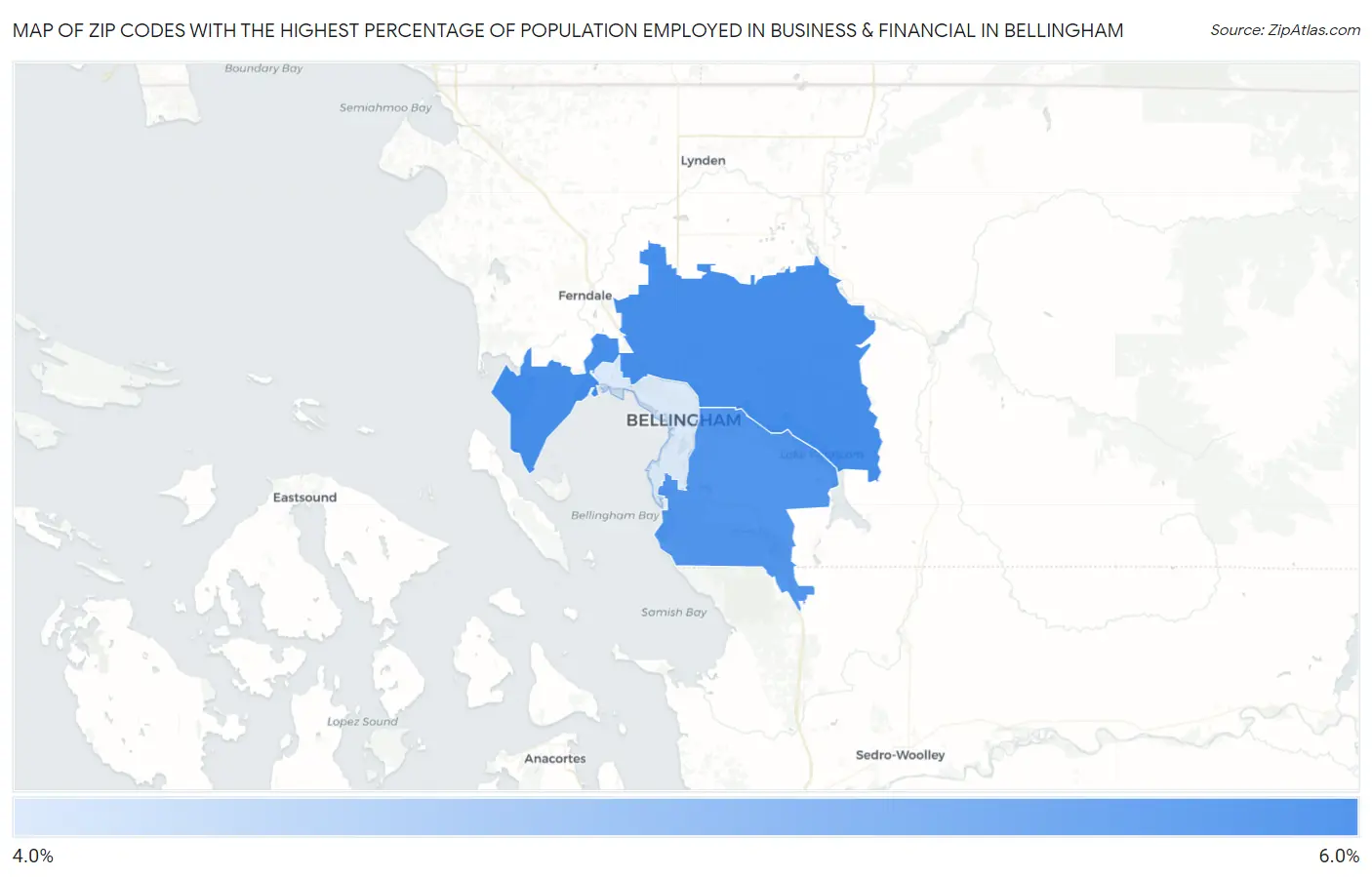 Zip Codes with the Highest Percentage of Population Employed in Business & Financial in Bellingham Map