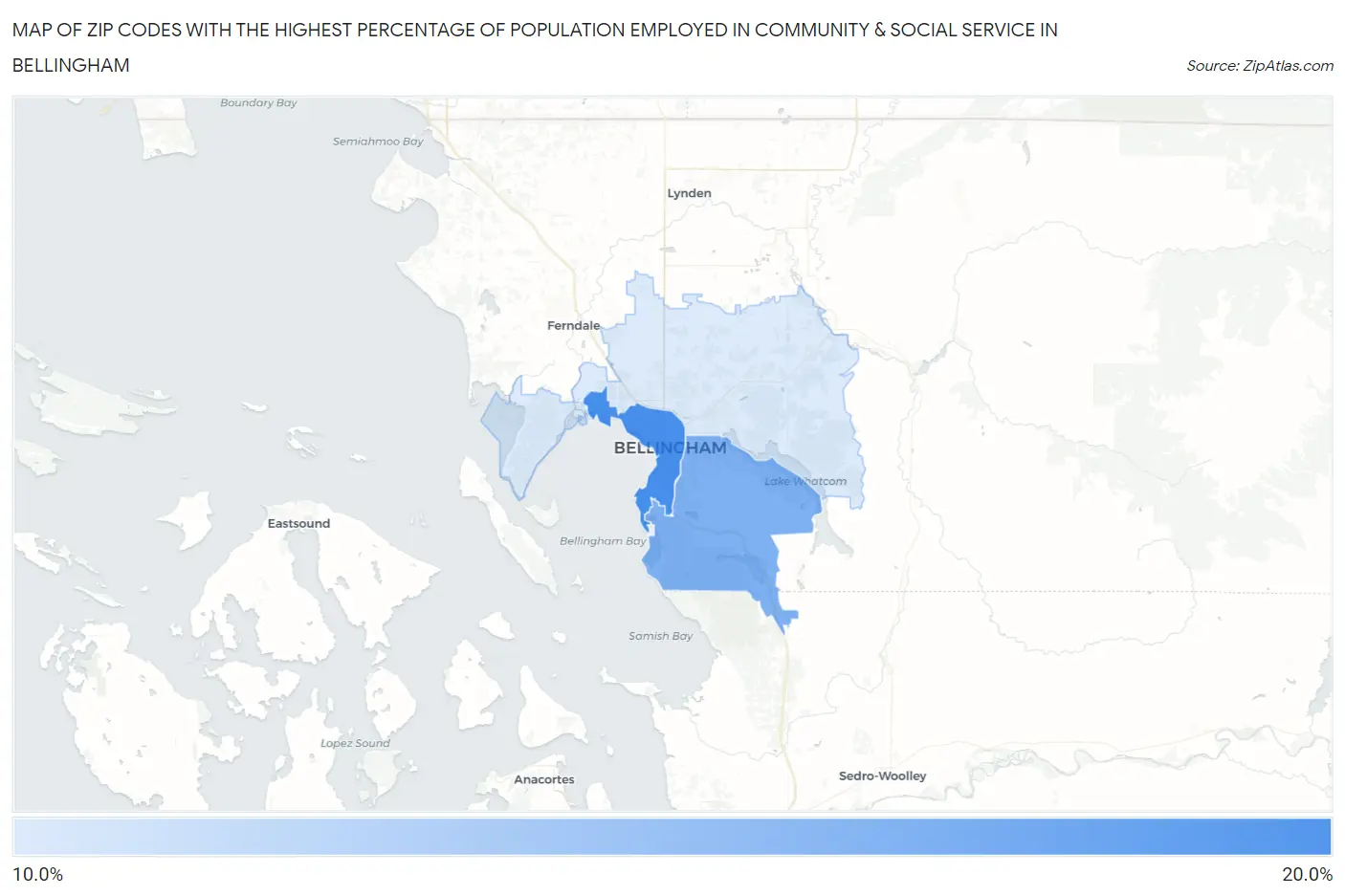 Zip Codes with the Highest Percentage of Population Employed in Community & Social Service  in Bellingham Map