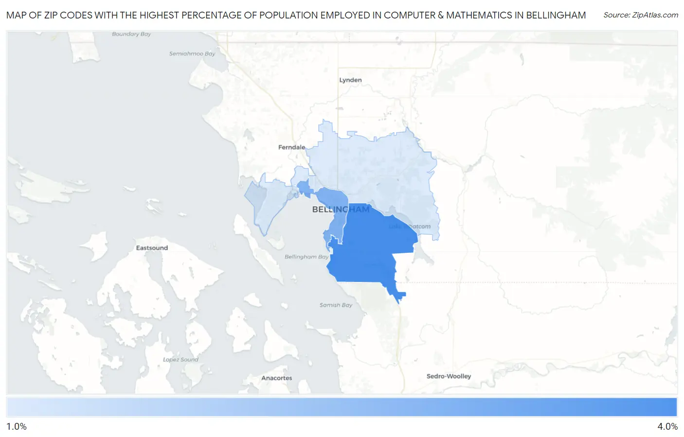 Zip Codes with the Highest Percentage of Population Employed in Computer & Mathematics in Bellingham Map