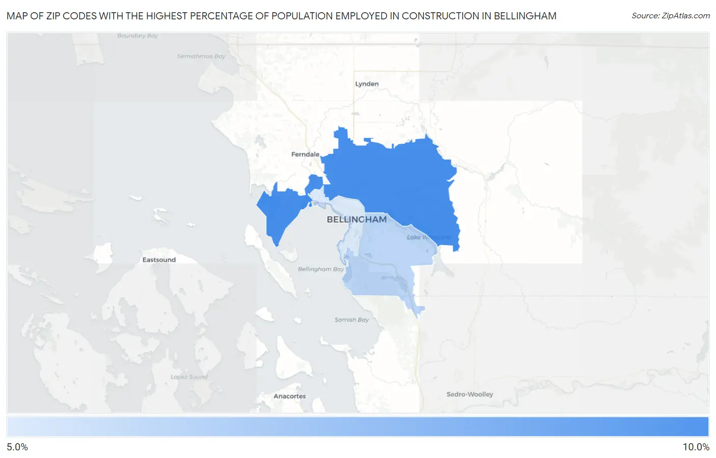 Zip Codes with the Highest Percentage of Population Employed in Construction in Bellingham Map