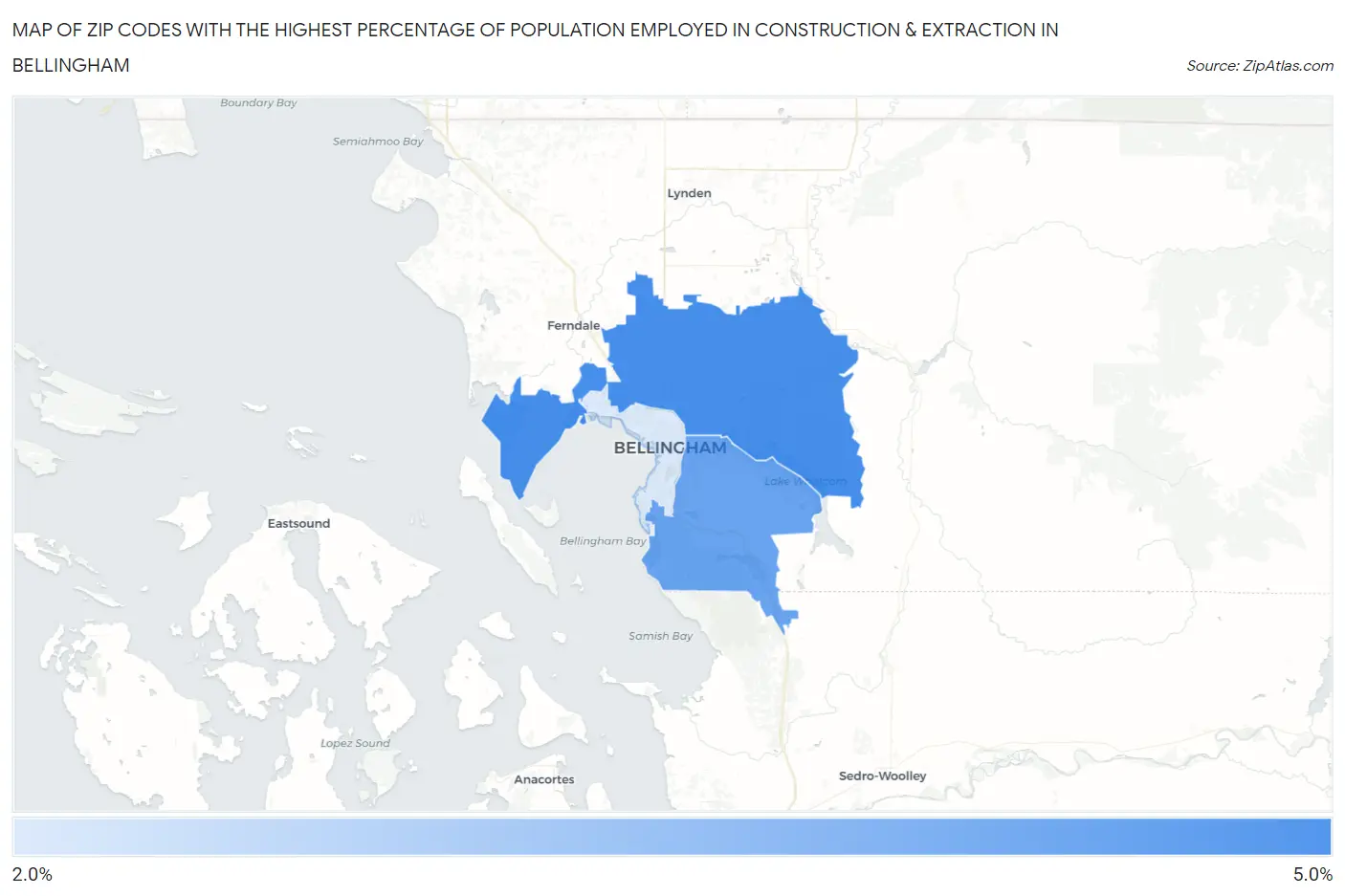 Zip Codes with the Highest Percentage of Population Employed in Construction & Extraction in Bellingham Map