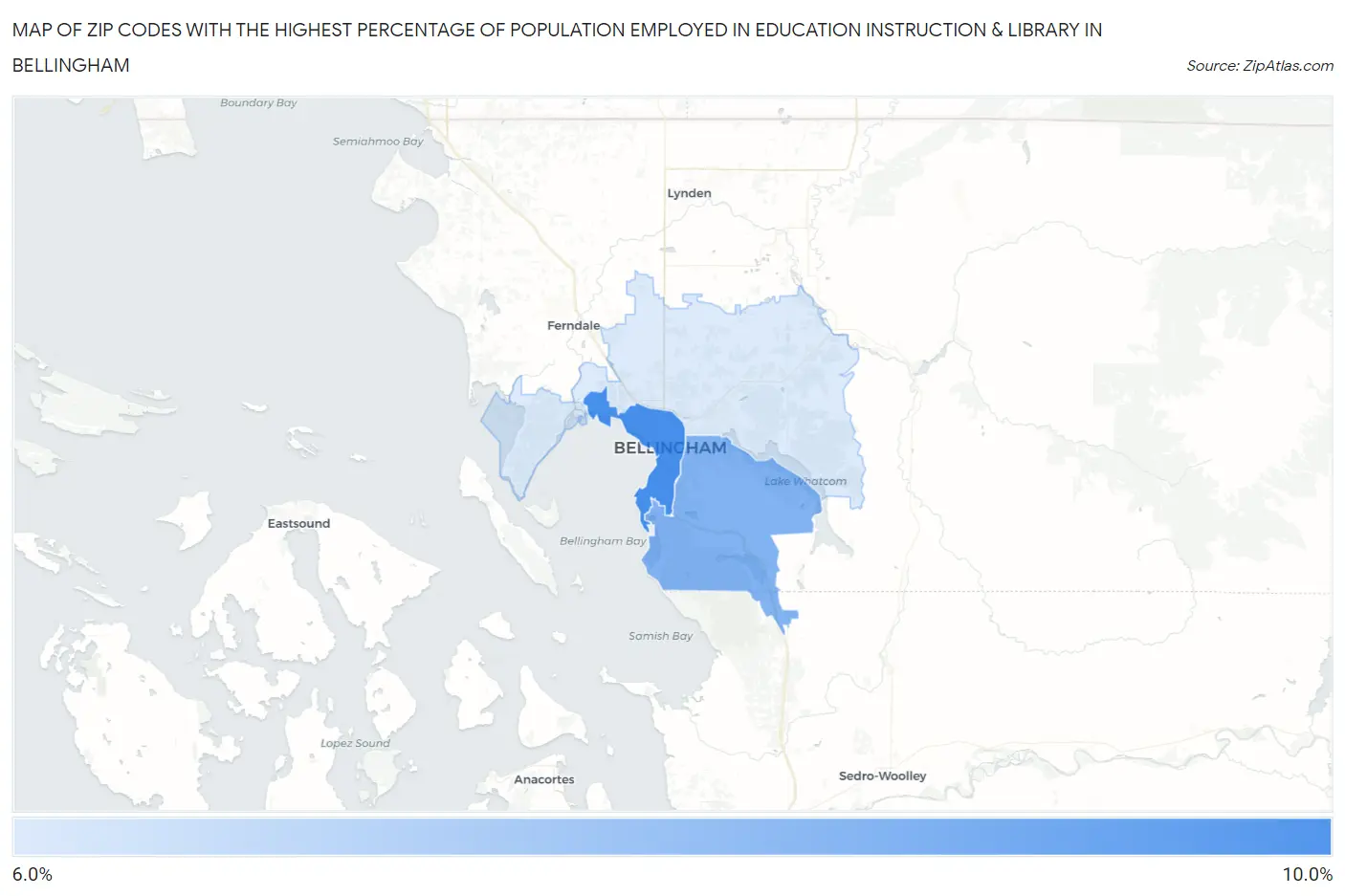 Zip Codes with the Highest Percentage of Population Employed in Education Instruction & Library in Bellingham Map