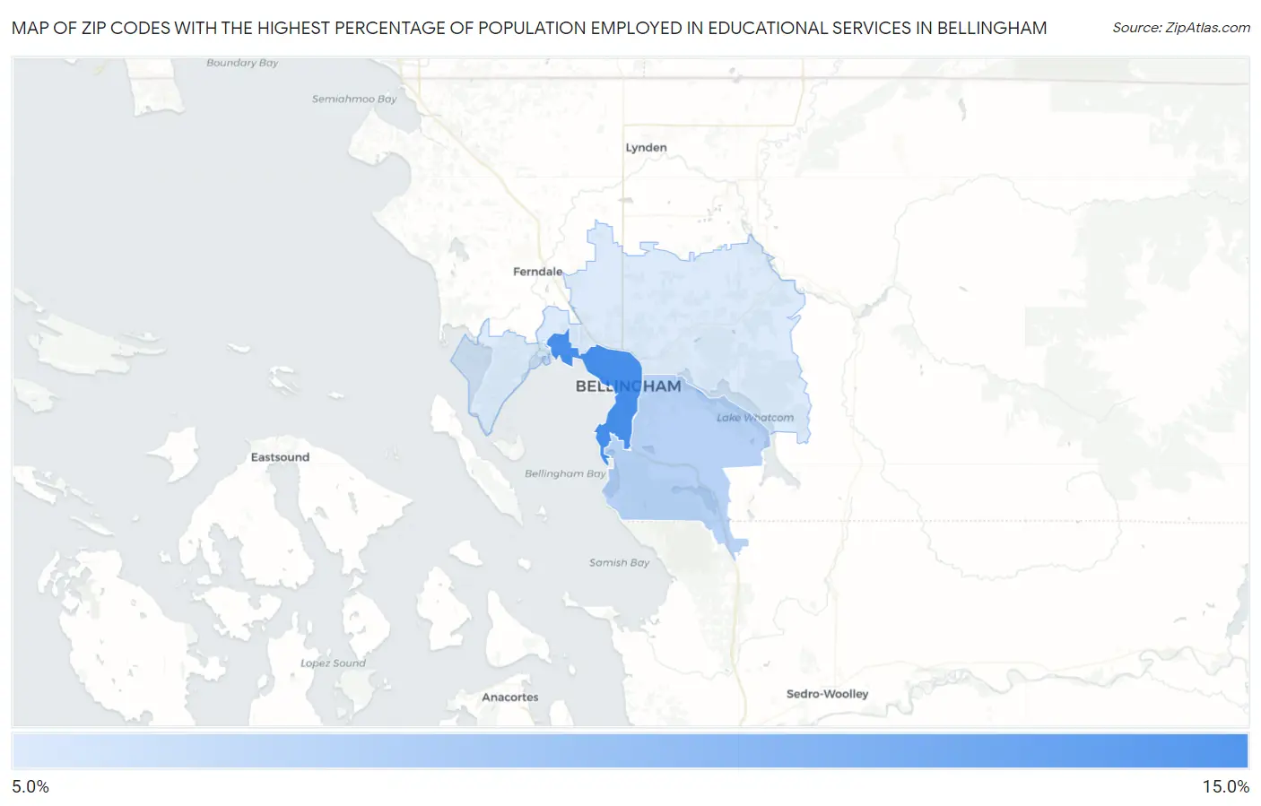 Zip Codes with the Highest Percentage of Population Employed in Educational Services in Bellingham Map