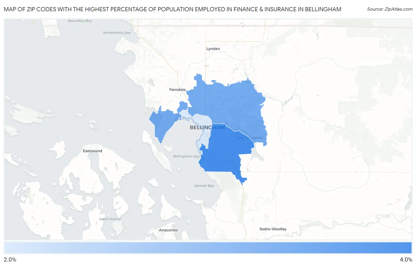 Zip Codes with the Highest Percentage of Population Employed in Finance & Insurance in Bellingham Map