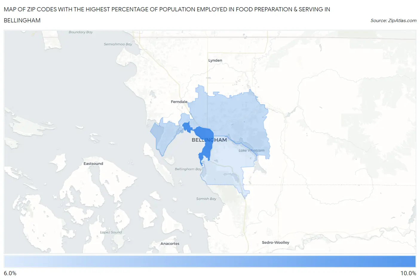 Zip Codes with the Highest Percentage of Population Employed in Food Preparation & Serving in Bellingham Map