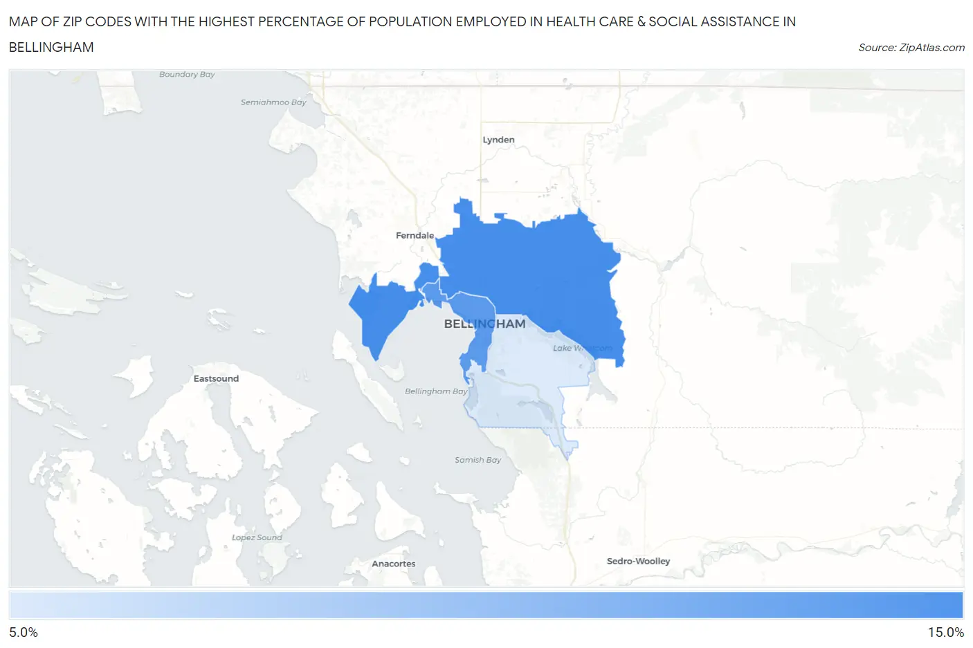 Zip Codes with the Highest Percentage of Population Employed in Health Care & Social Assistance in Bellingham Map