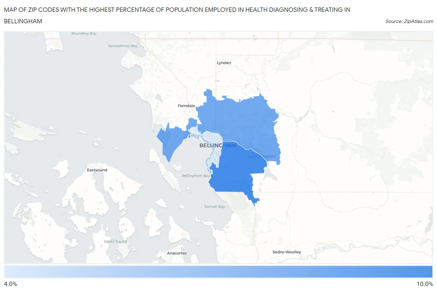Zip Codes with the Highest Percentage of Population Employed in Health Diagnosing & Treating in Bellingham Map