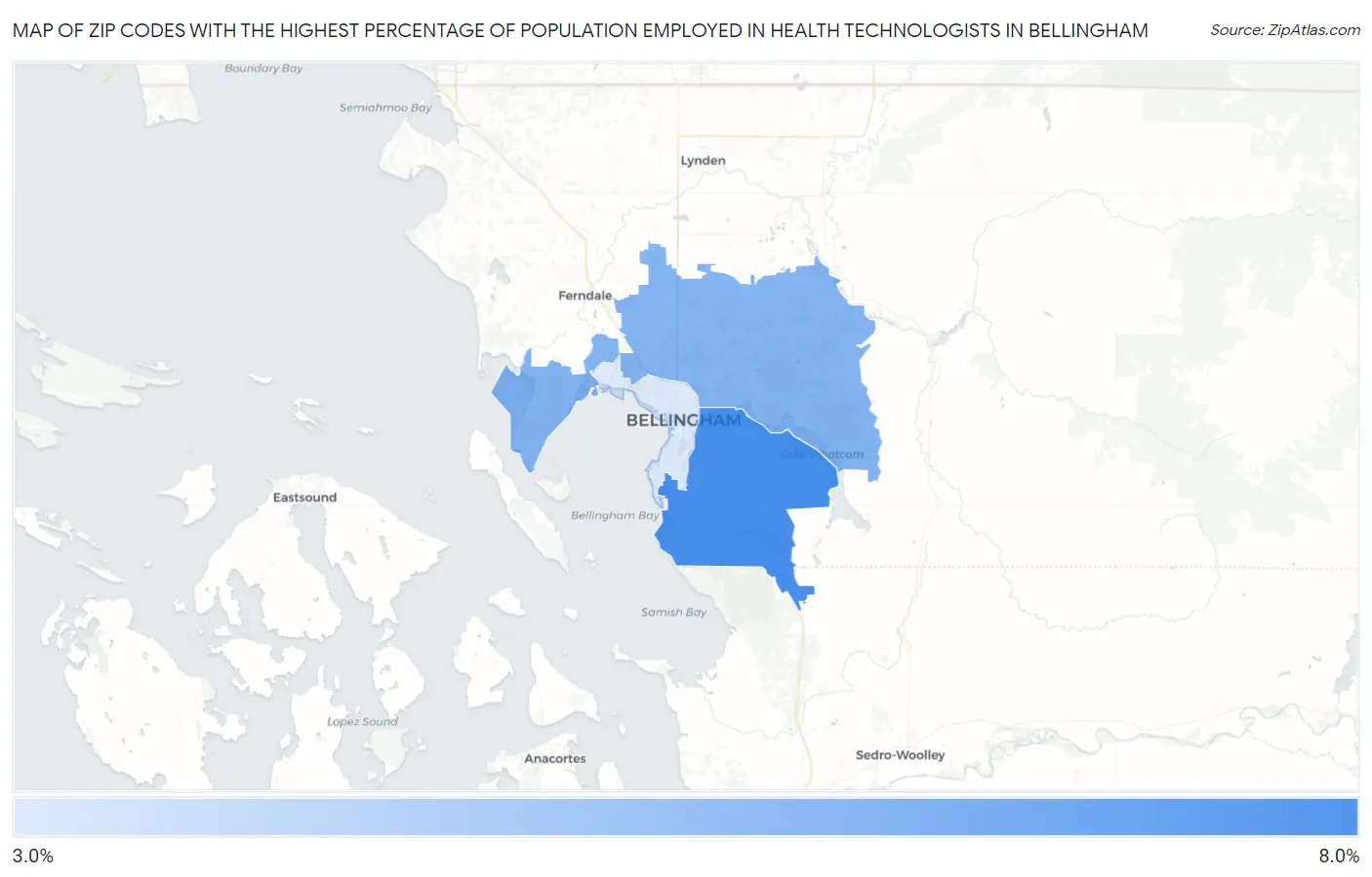 Zip Codes with the Highest Percentage of Population Employed in Health Technologists in Bellingham Map