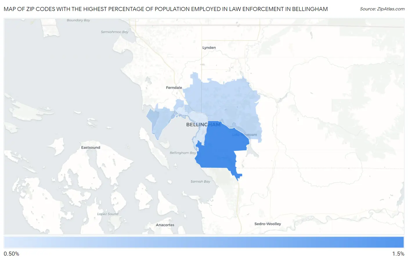 Zip Codes with the Highest Percentage of Population Employed in Law Enforcement in Bellingham Map