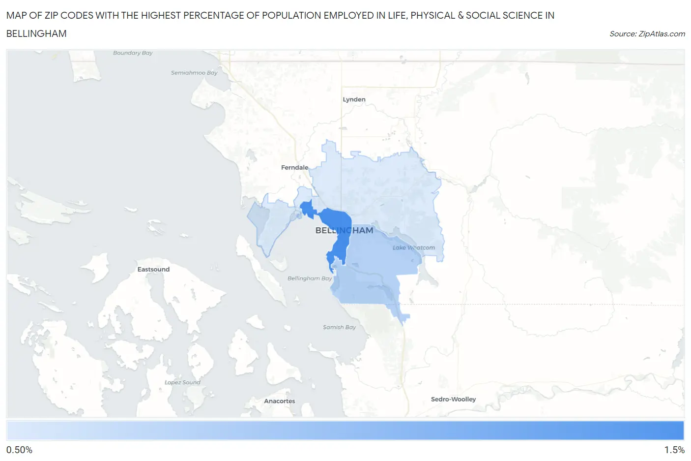 Zip Codes with the Highest Percentage of Population Employed in Life, Physical & Social Science in Bellingham Map