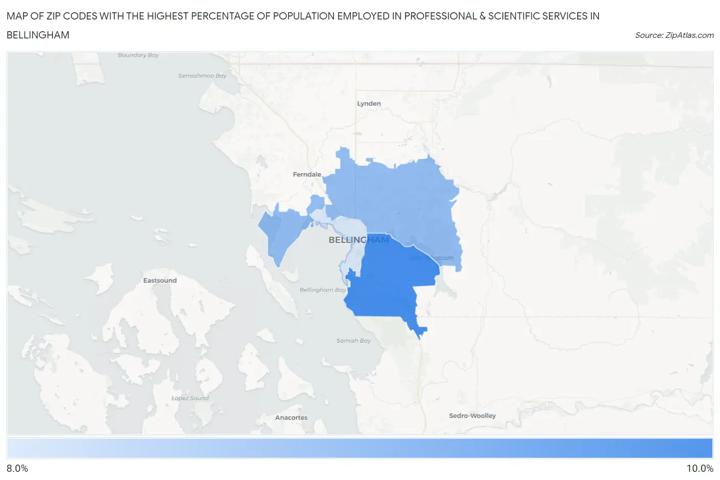Zip Codes with the Highest Percentage of Population Employed in Professional & Scientific Services in Bellingham Map