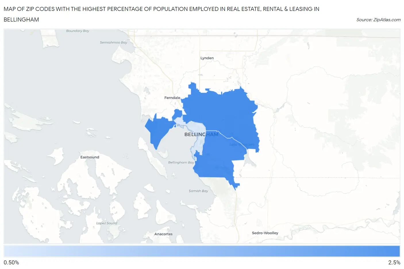 Zip Codes with the Highest Percentage of Population Employed in Real Estate, Rental & Leasing in Bellingham Map