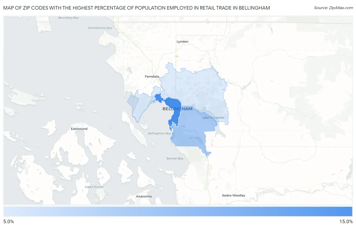 Zip Codes with the Highest Percentage of Population Employed in Retail Trade in Bellingham Map