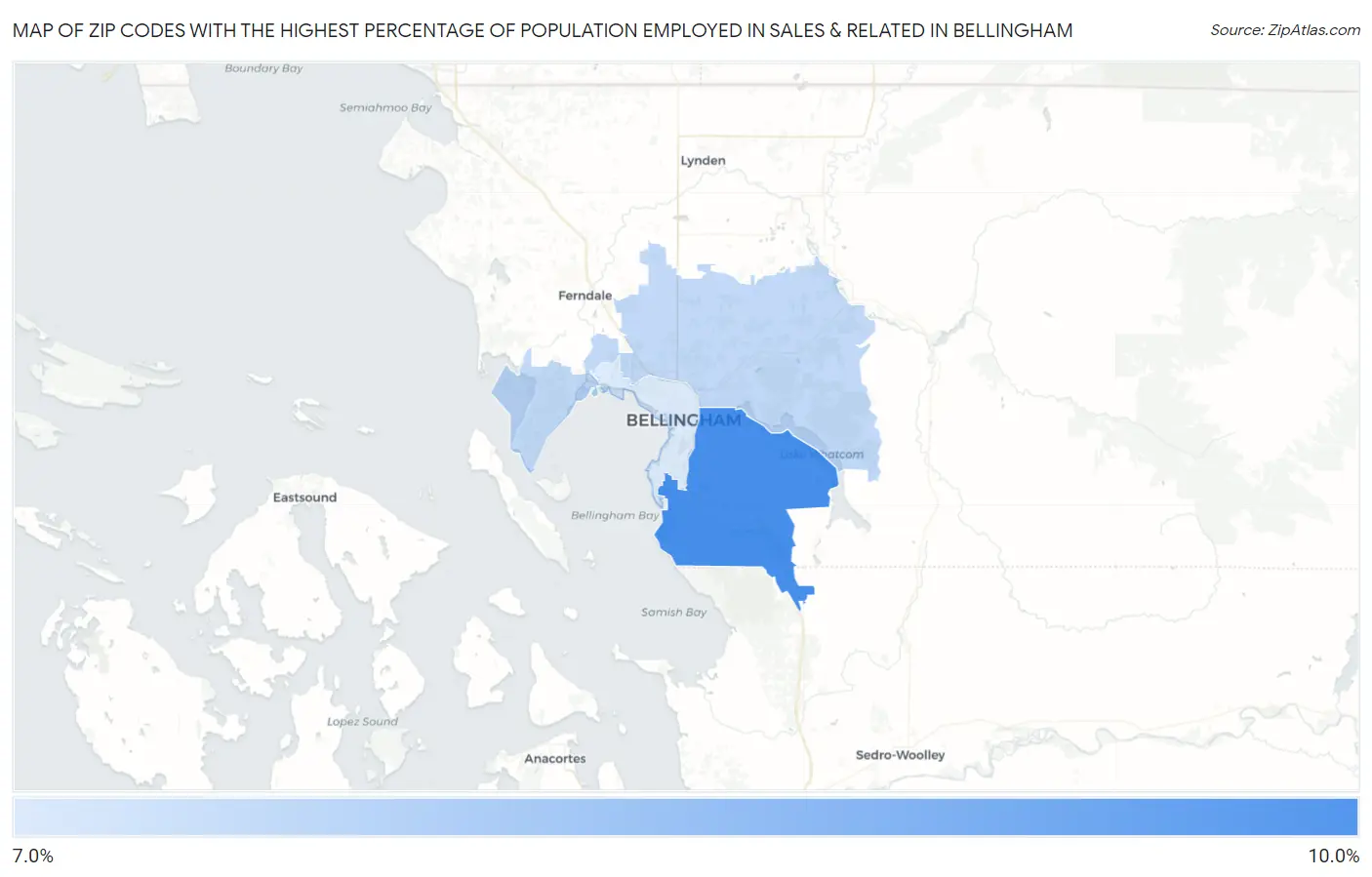 Zip Codes with the Highest Percentage of Population Employed in Sales & Related in Bellingham Map