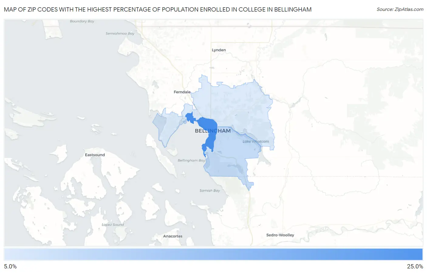 Zip Codes with the Highest Percentage of Population Enrolled in College in Bellingham Map