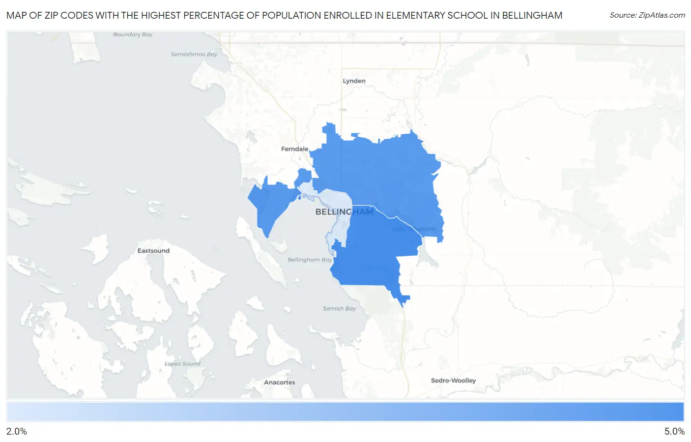 Zip Codes with the Highest Percentage of Population Enrolled in Elementary School in Bellingham Map