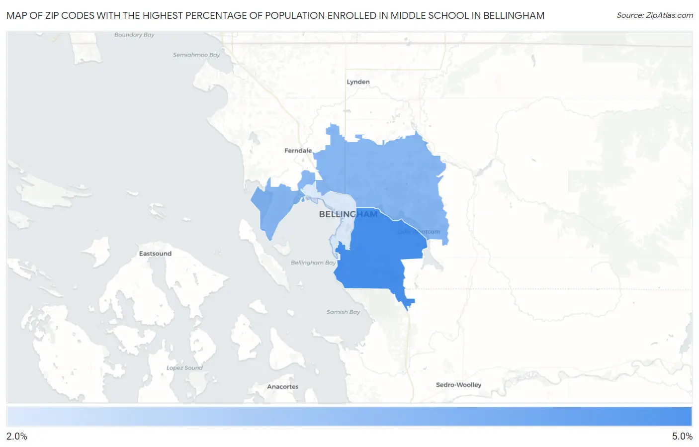 Zip Codes with the Highest Percentage of Population Enrolled in Middle School in Bellingham Map