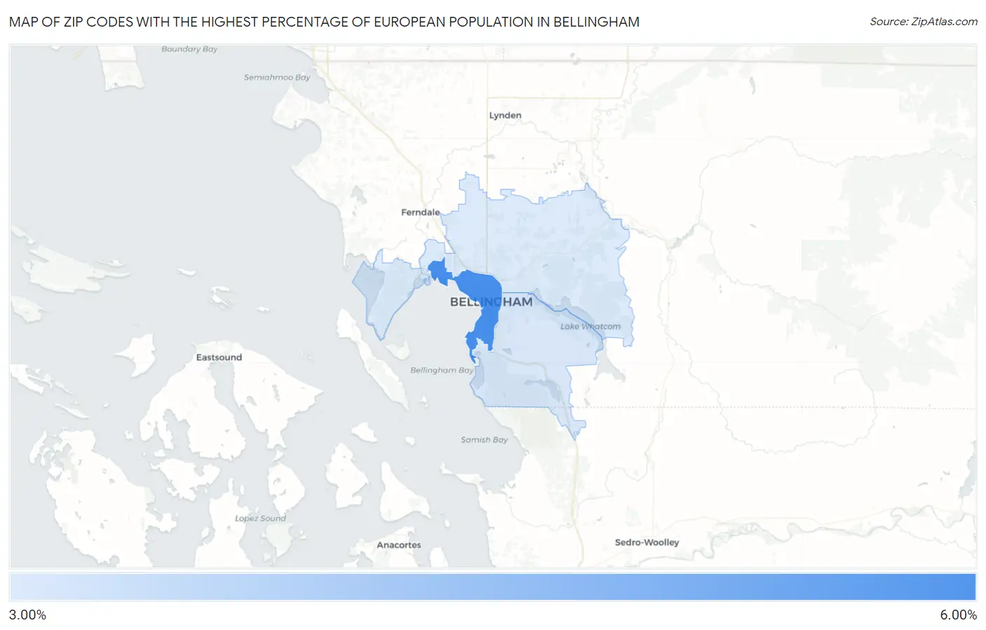 Zip Codes with the Highest Percentage of European Population in Bellingham Map