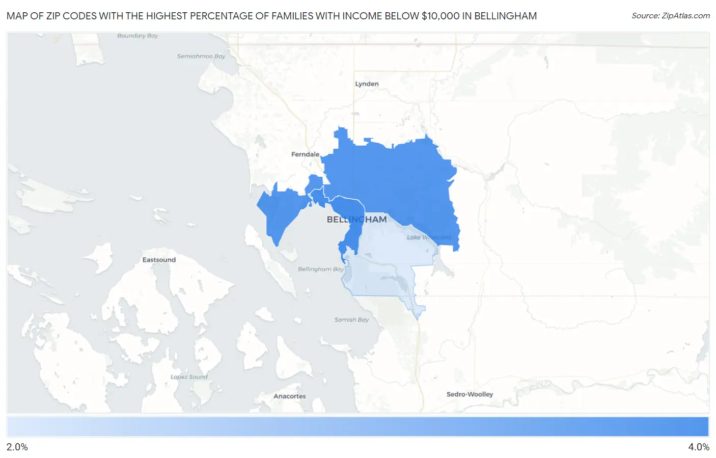Zip Codes with the Highest Percentage of Families with Income Below $10,000 in Bellingham Map