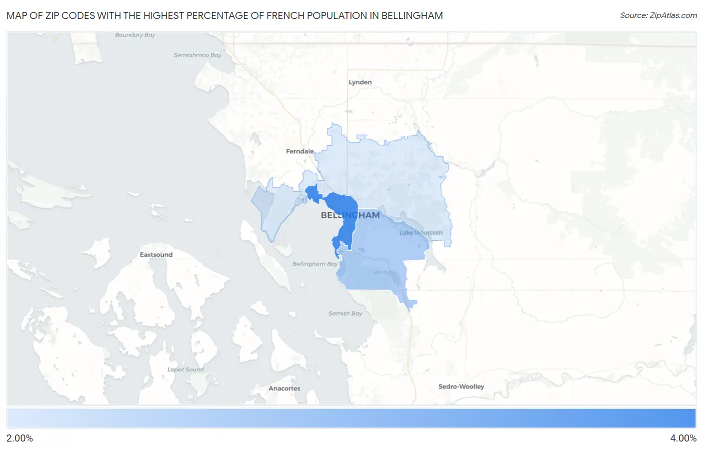 Zip Codes with the Highest Percentage of French Population in Bellingham Map