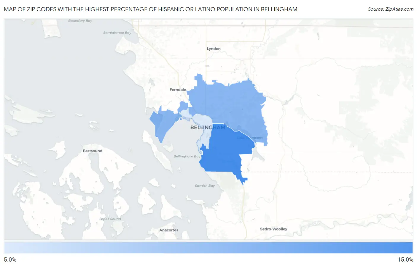 Zip Codes with the Highest Percentage of Hispanic or Latino Population in Bellingham Map