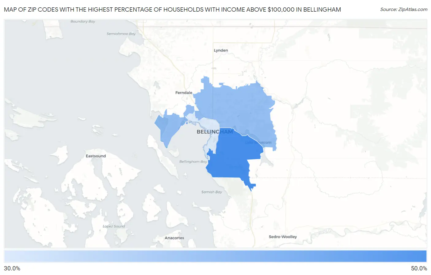 Zip Codes with the Highest Percentage of Households with Income Above $100,000 in Bellingham Map