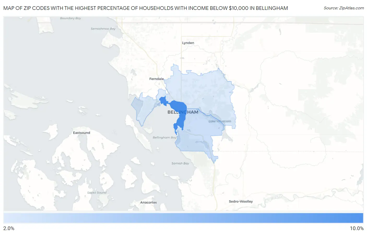 Zip Codes with the Highest Percentage of Households with Income Below $10,000 in Bellingham Map