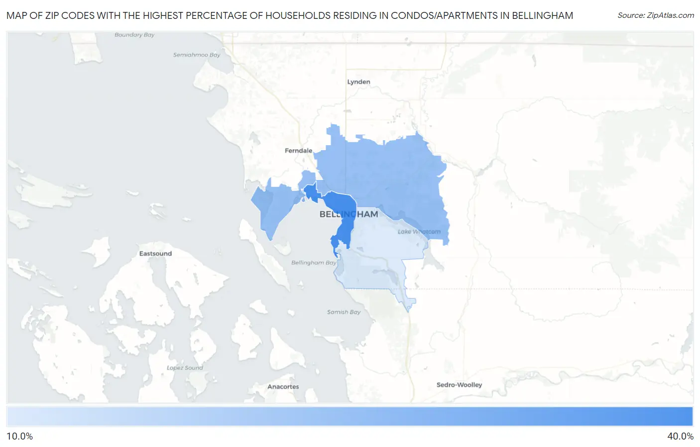 Zip Codes with the Highest Percentage of Households Residing in Condos/Apartments in Bellingham Map
