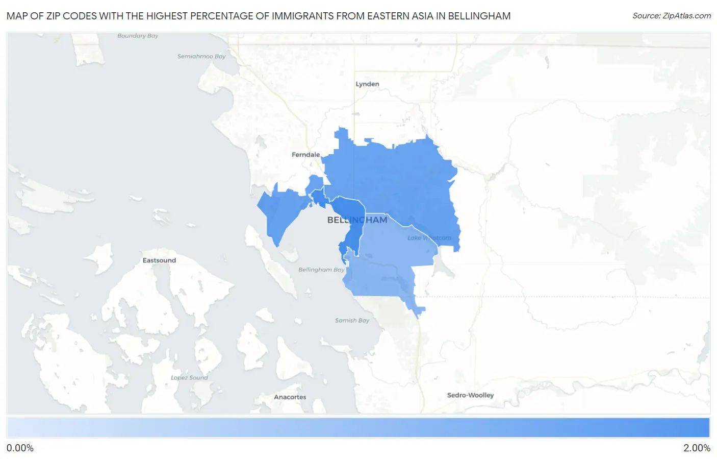 Zip Codes with the Highest Percentage of Immigrants from Eastern Asia in Bellingham Map