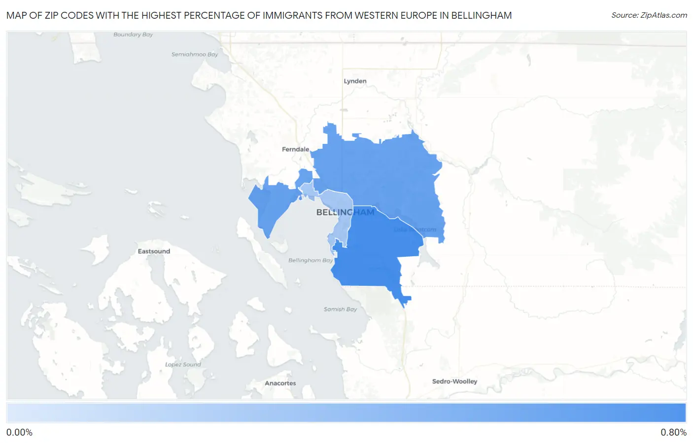Zip Codes with the Highest Percentage of Immigrants from Western Europe in Bellingham Map