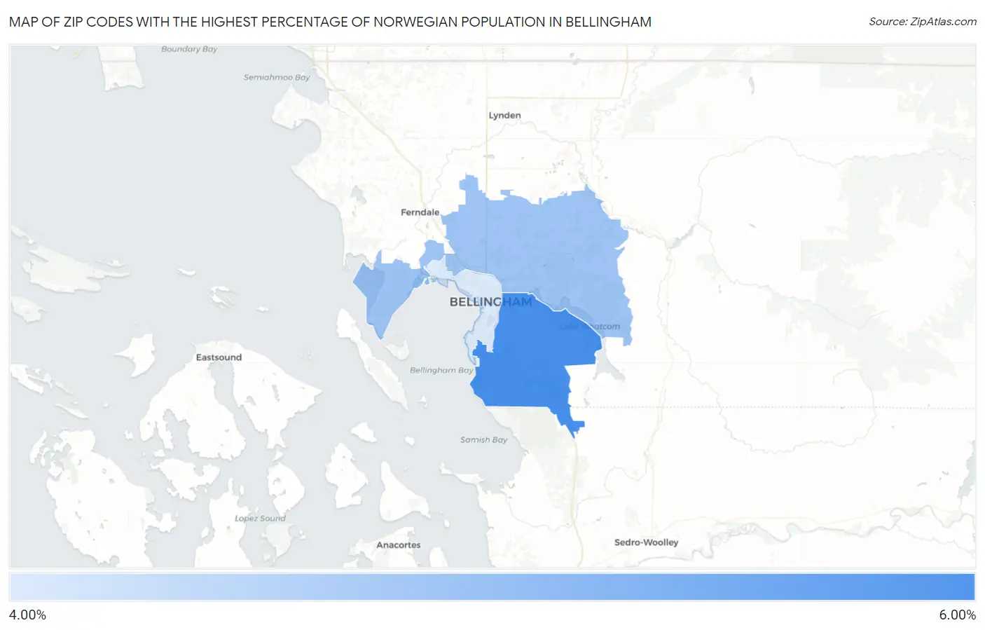 Zip Codes with the Highest Percentage of Norwegian Population in Bellingham Map