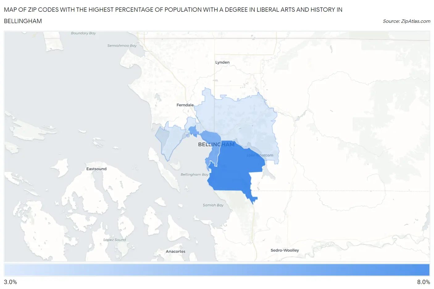 Zip Codes with the Highest Percentage of Population with a Degree in Liberal Arts and History in Bellingham Map