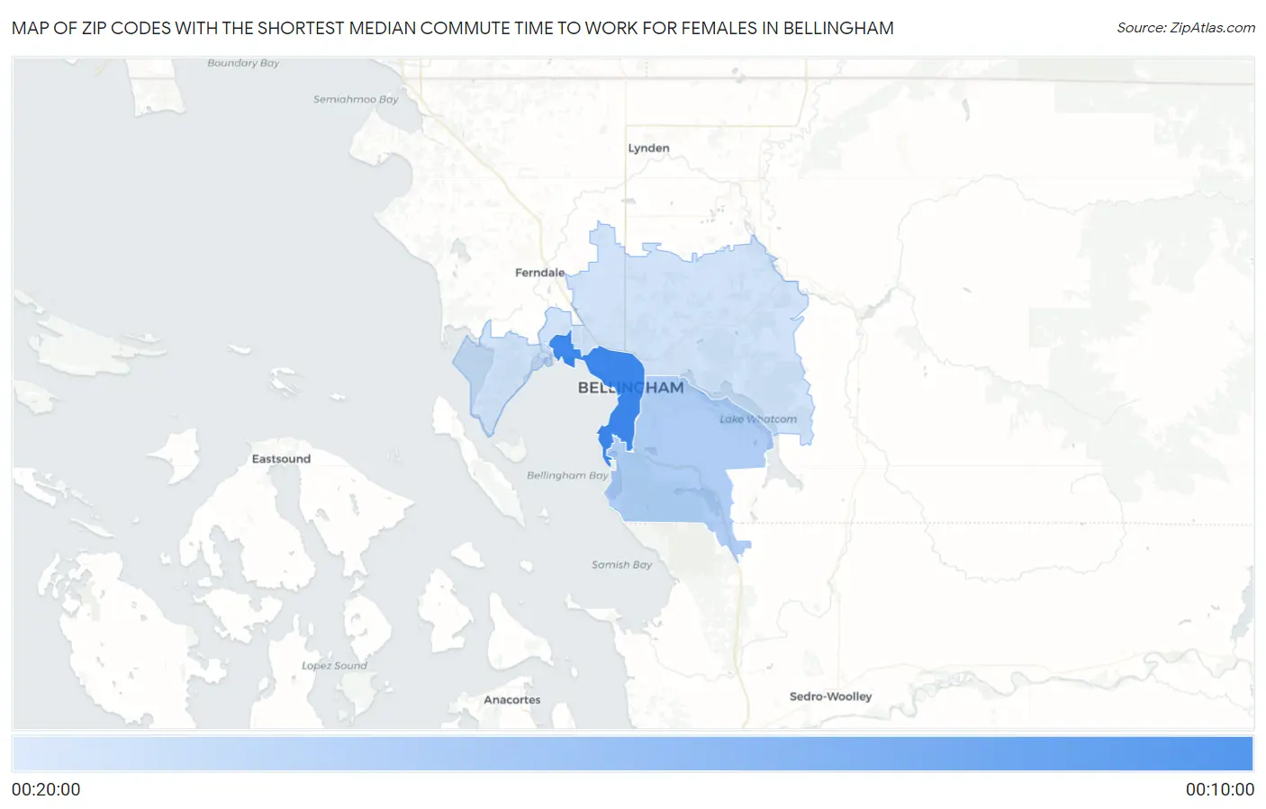 Zip Codes with the Shortest Median Commute Time to Work for Females in Bellingham Map