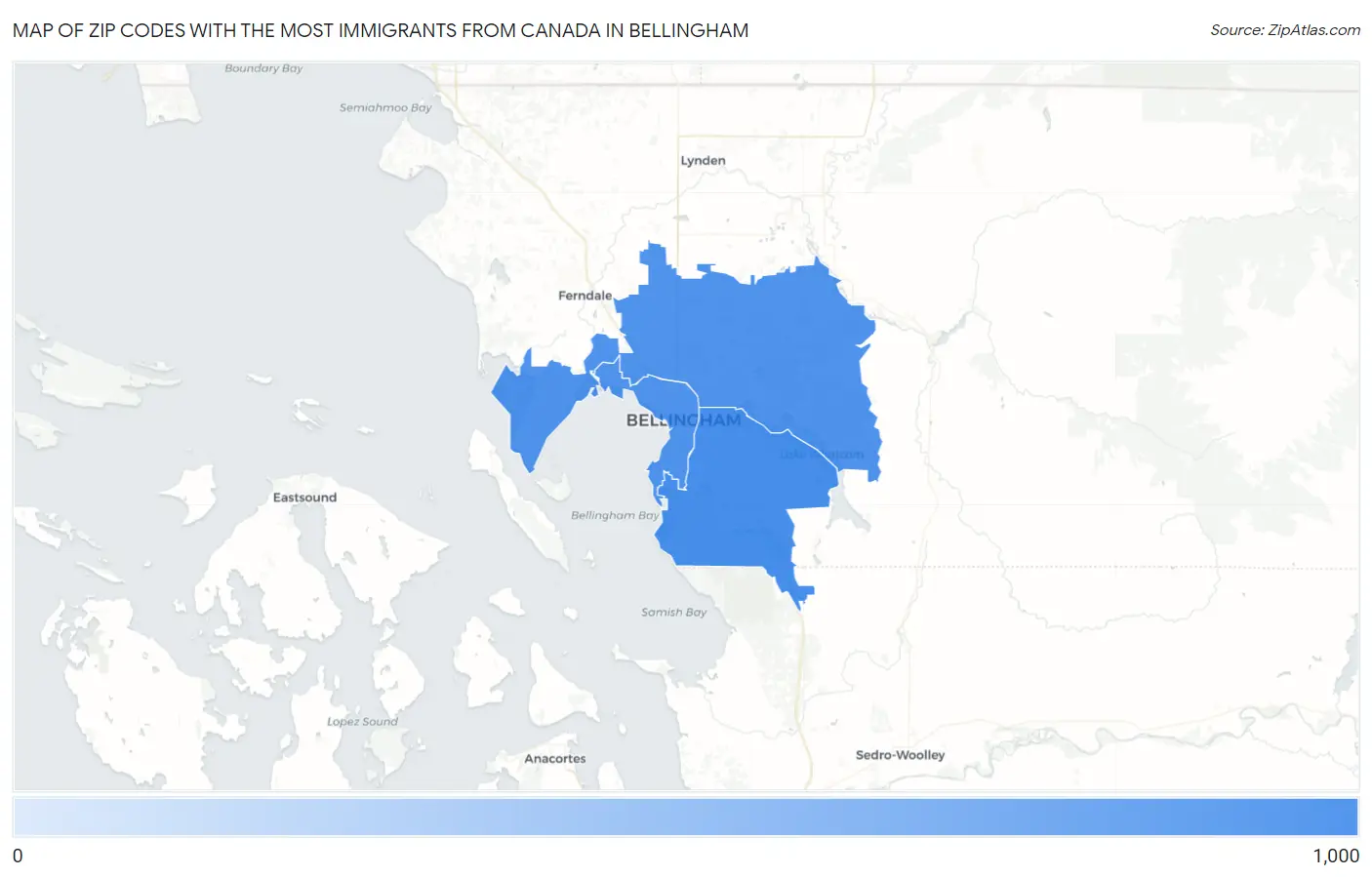 Zip Codes with the Most Immigrants from Canada in Bellingham Map