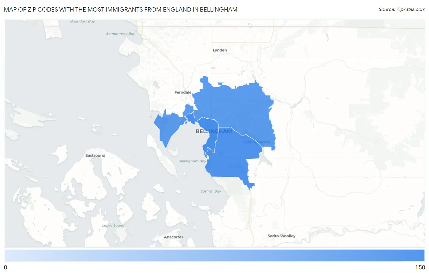 Zip Codes with the Most Immigrants from England in Bellingham Map