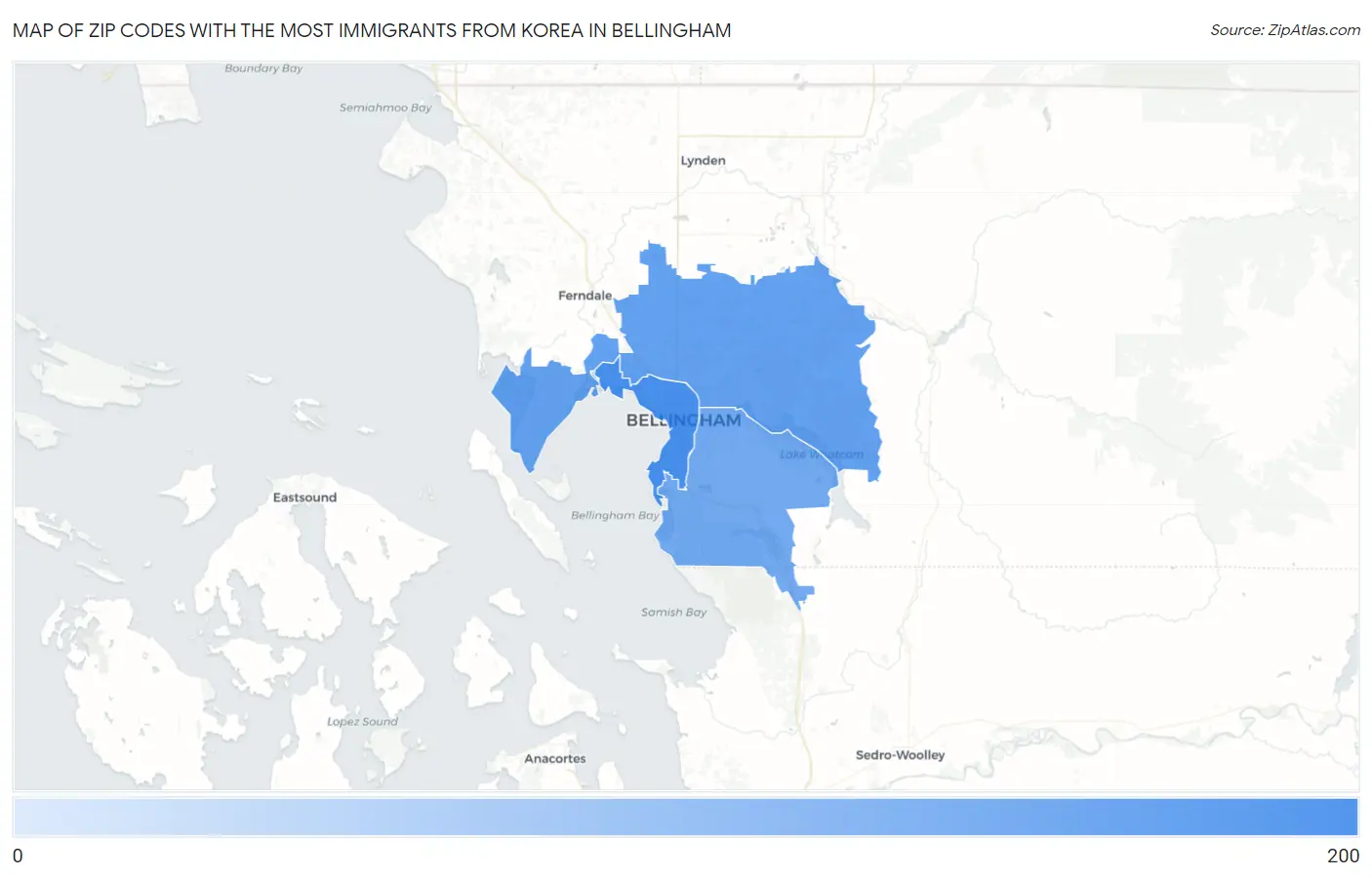 Zip Codes with the Most Immigrants from Korea in Bellingham Map