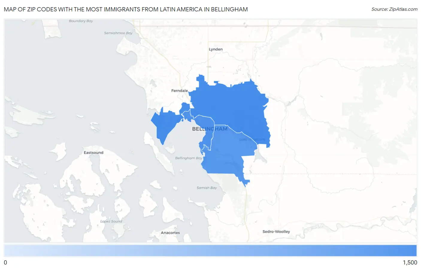 Zip Codes with the Most Immigrants from Latin America in Bellingham Map