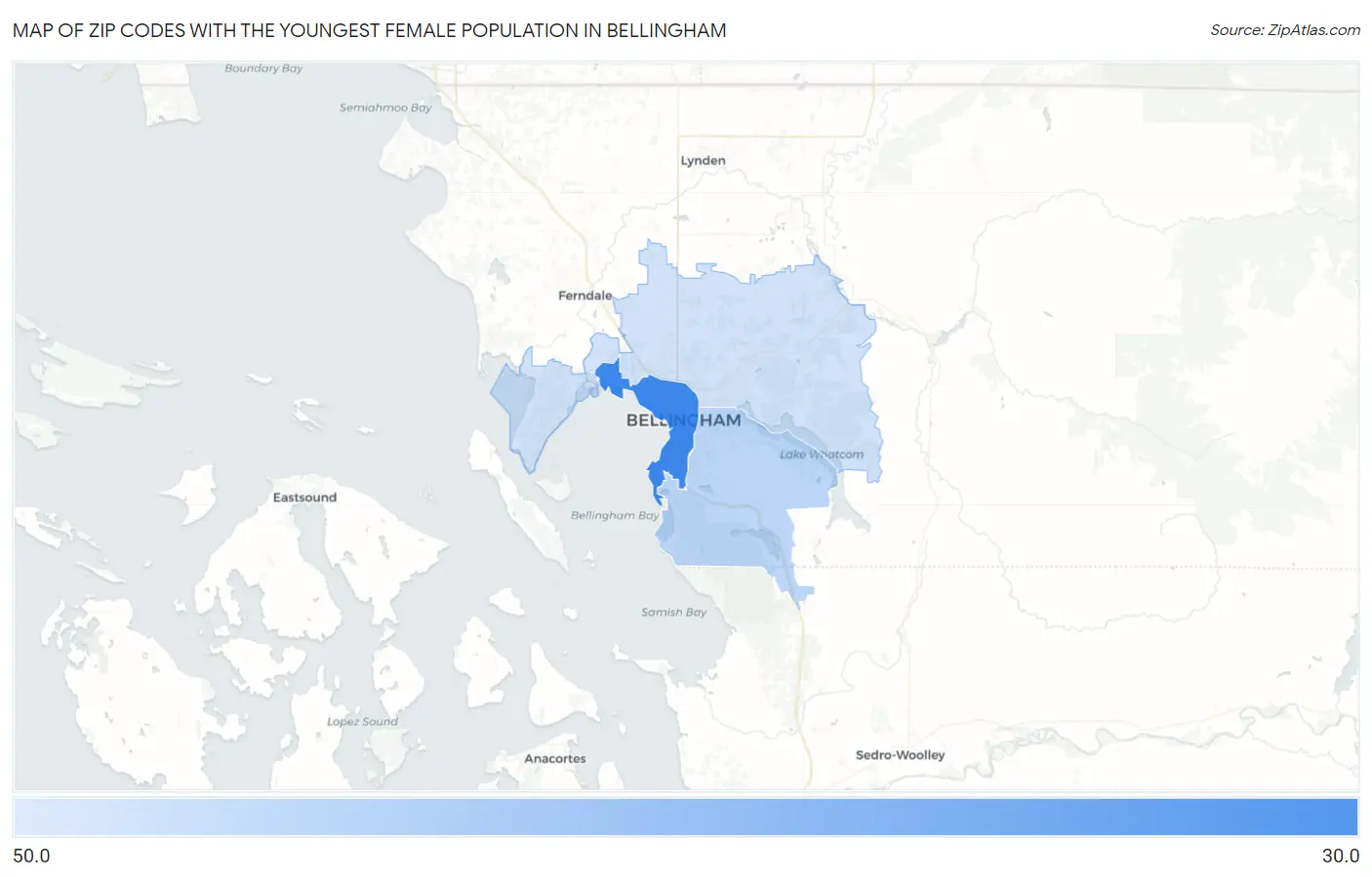 Zip Codes with the Youngest Female Population in Bellingham Map