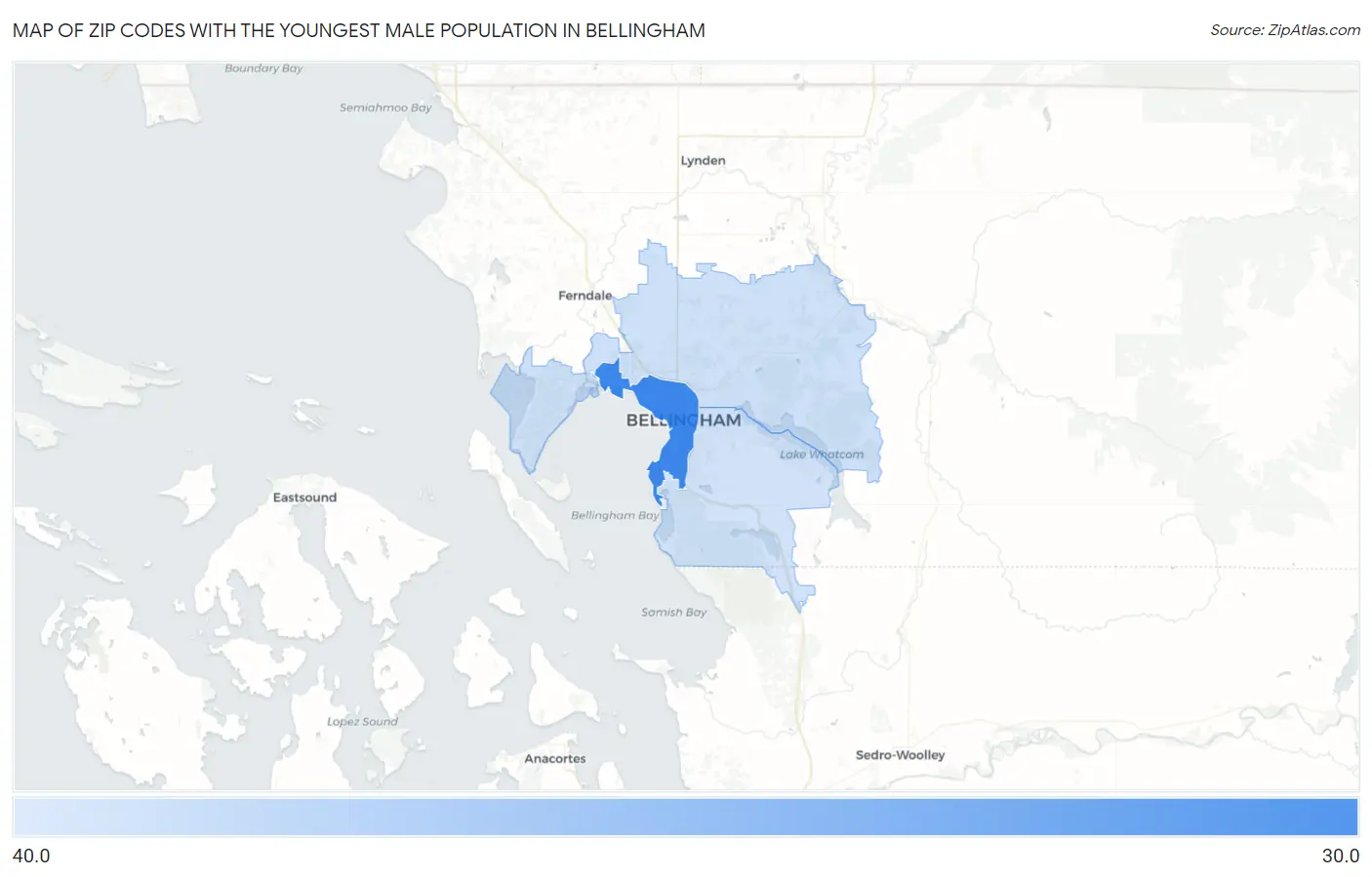 Zip Codes with the Youngest Male Population in Bellingham Map