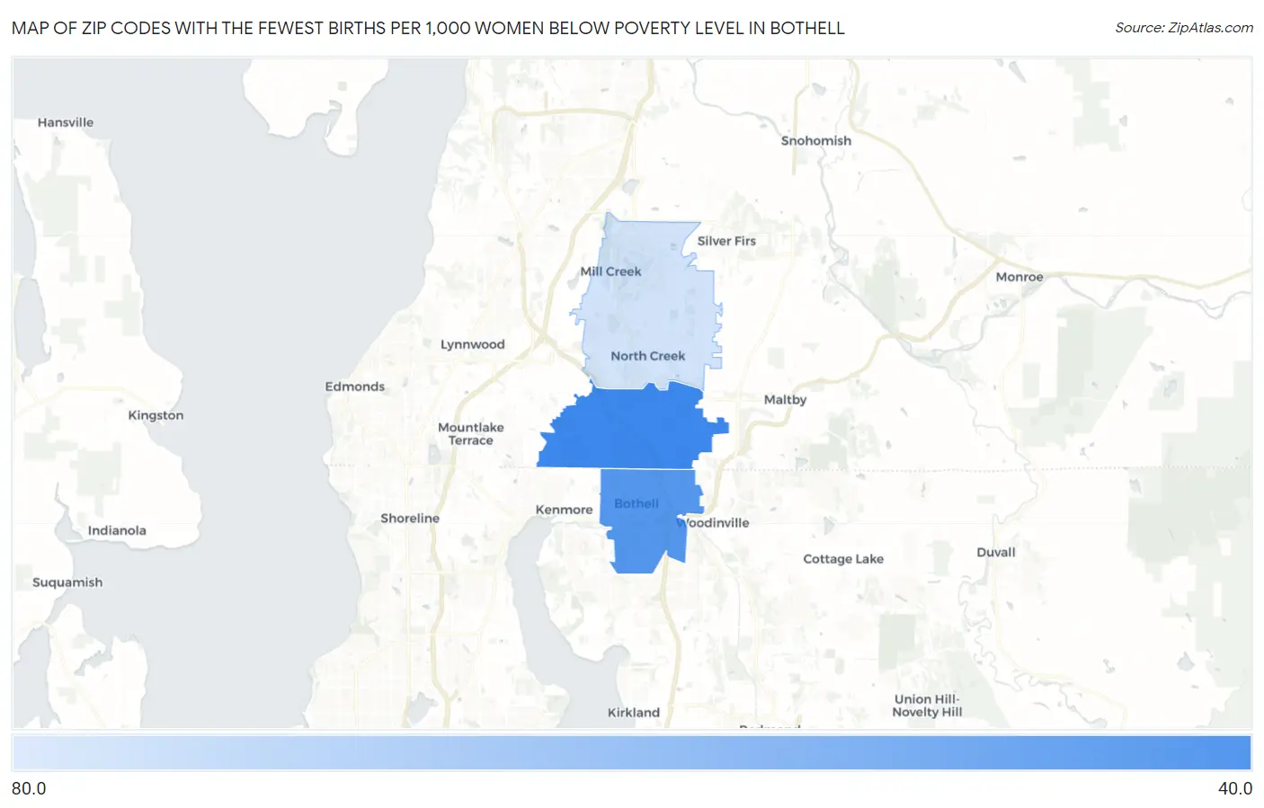 Zip Codes with the Fewest Births per 1,000 Women Below Poverty Level in Bothell Map