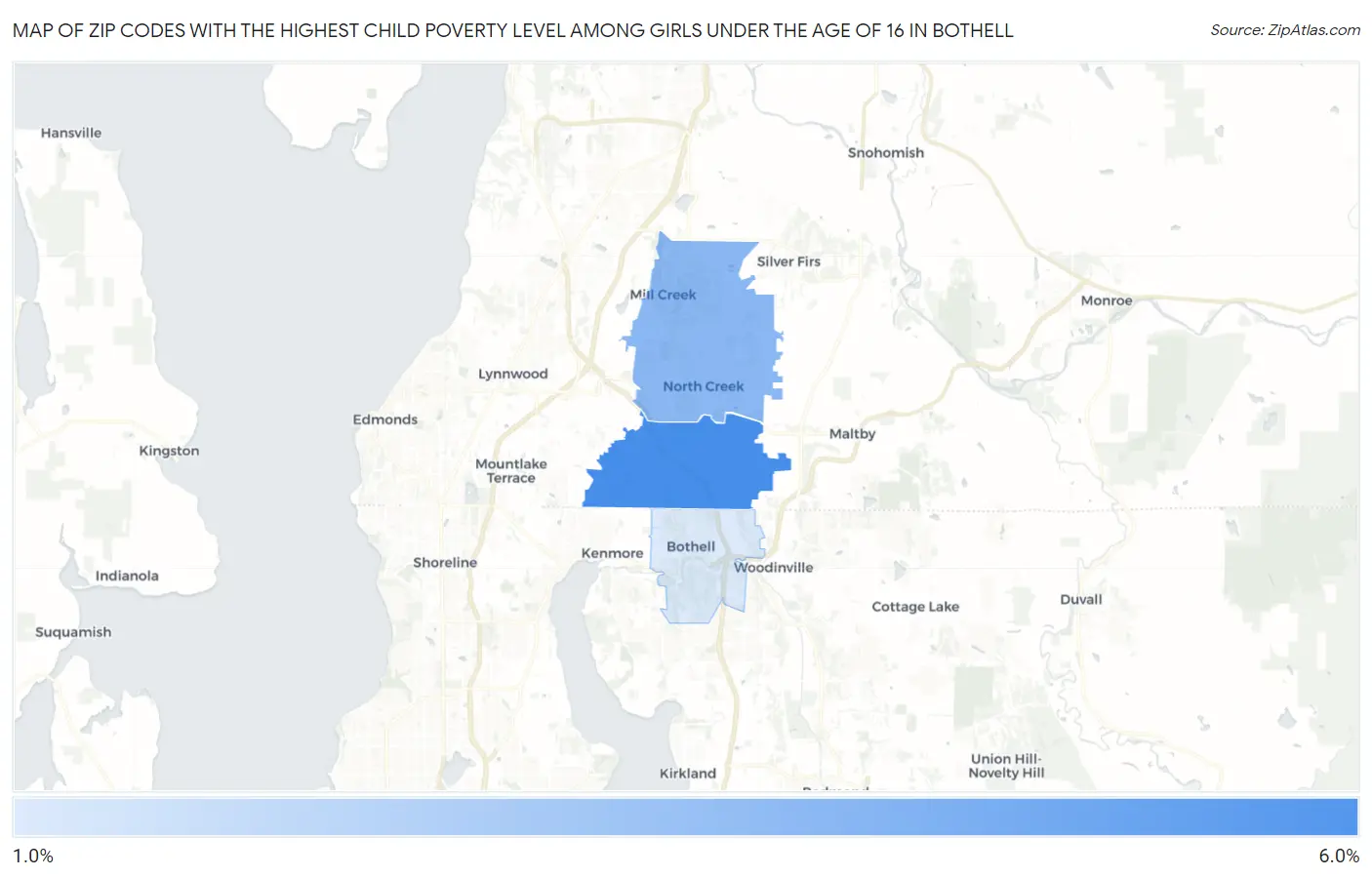 Zip Codes with the Highest Child Poverty Level Among Girls Under the Age of 16 in Bothell Map