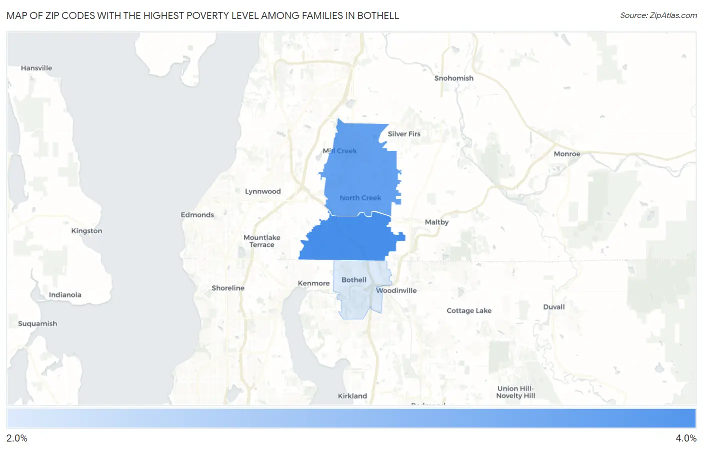 Zip Codes with the Highest Poverty Level Among Families in Bothell Map