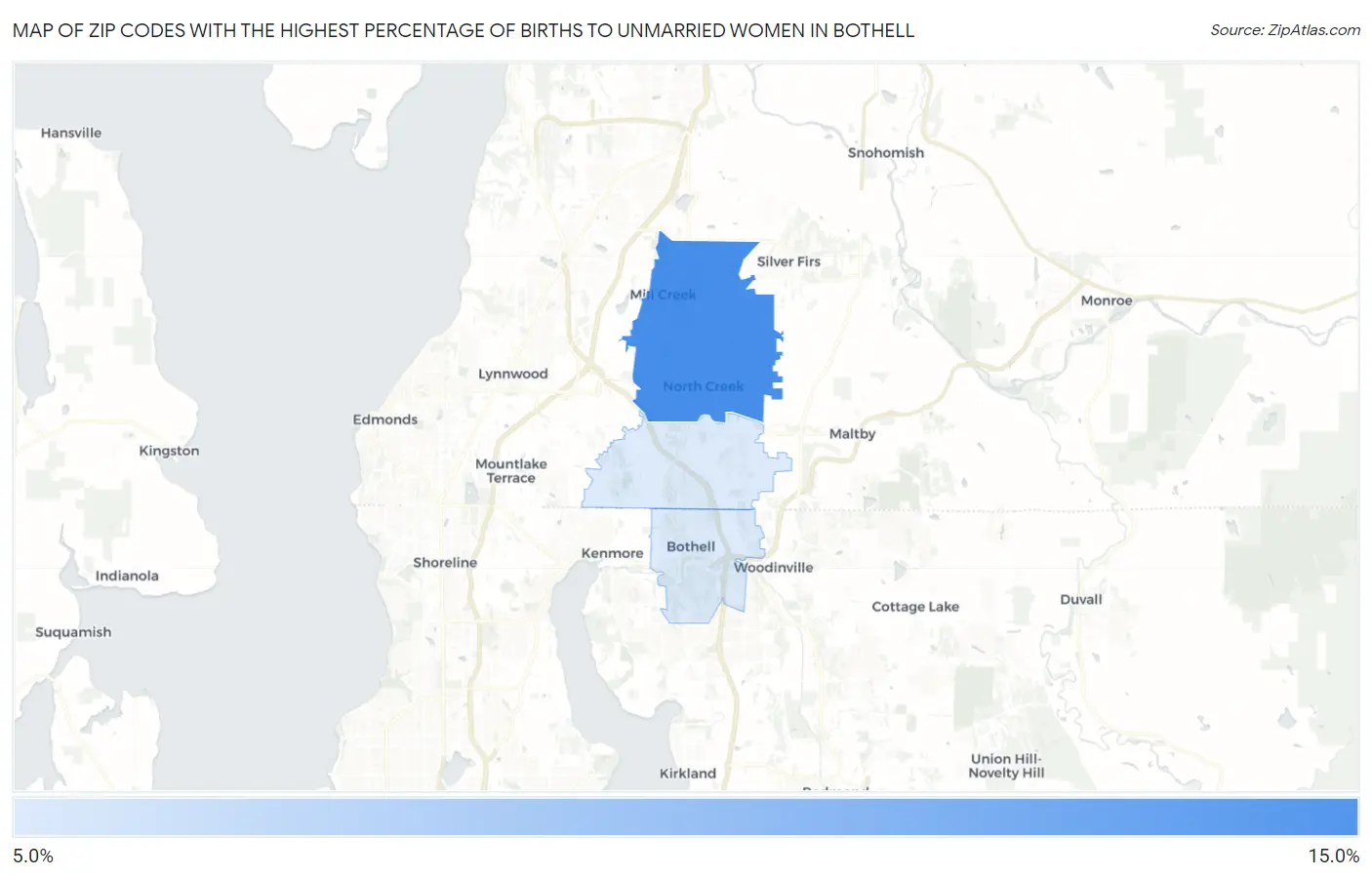 Zip Codes with the Highest Percentage of Births to Unmarried Women in Bothell Map