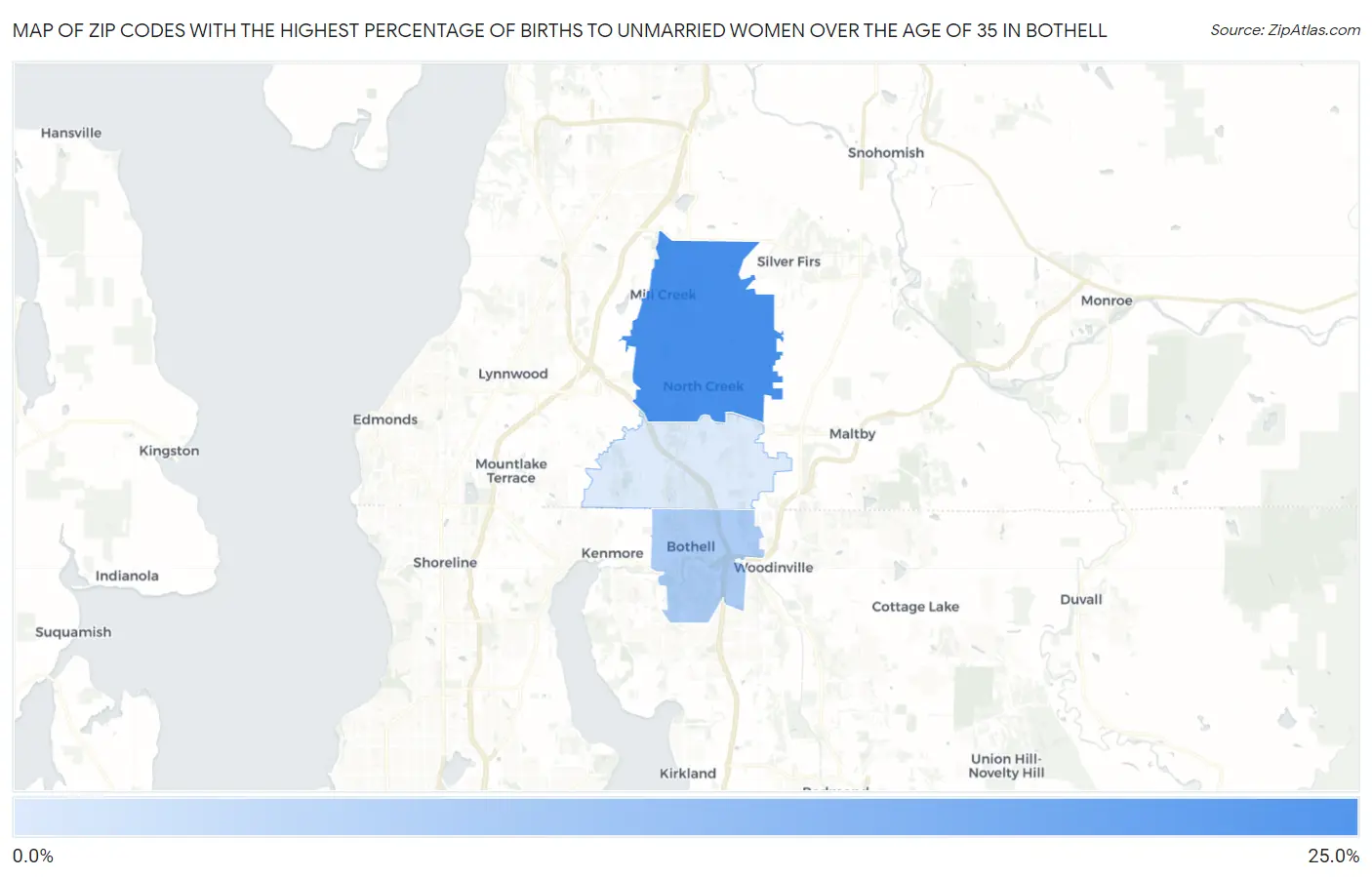 Zip Codes with the Highest Percentage of Births to Unmarried Women over the Age of 35 in Bothell Map