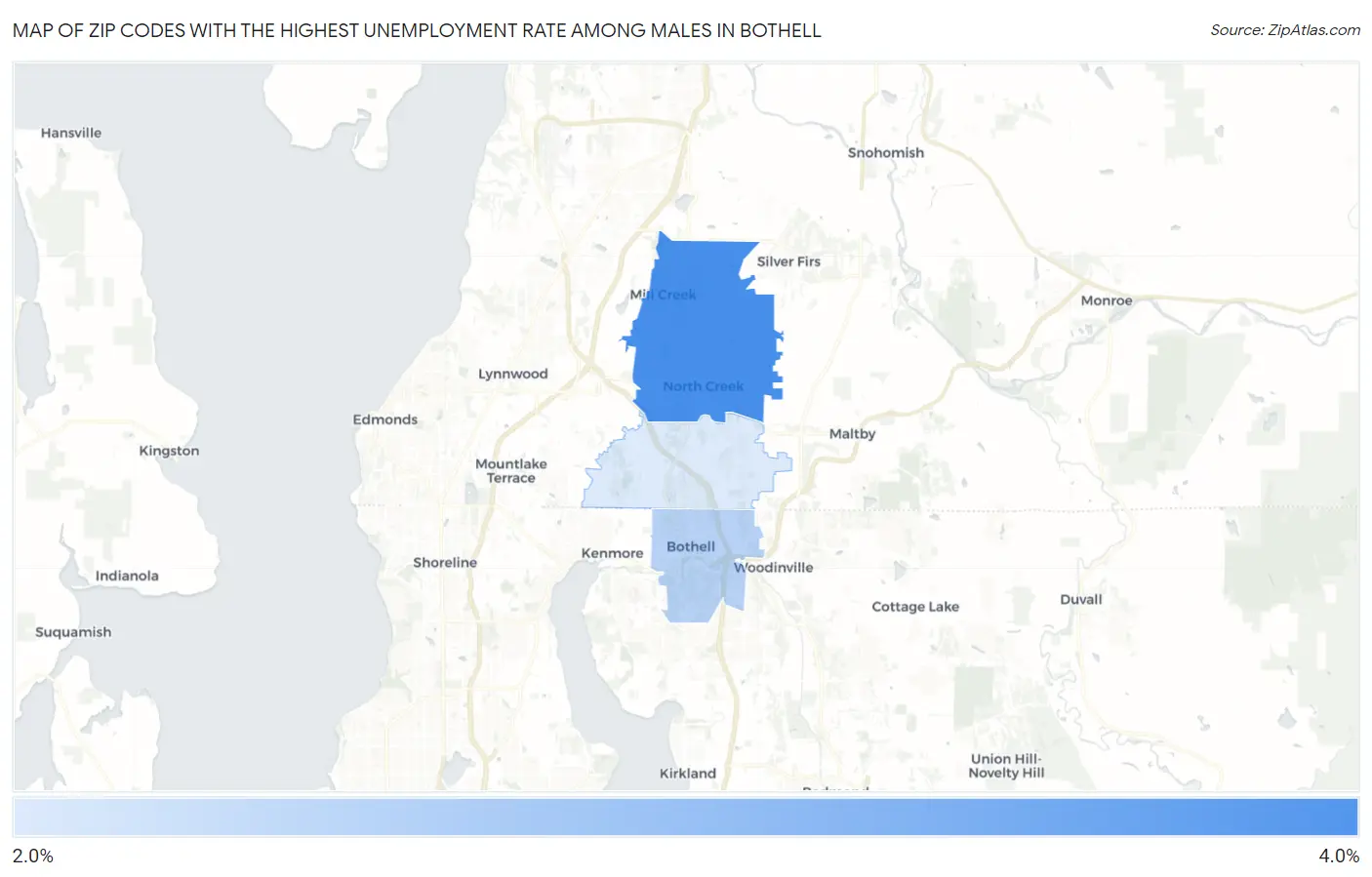 Zip Codes with the Highest Unemployment Rate Among Males in Bothell Map