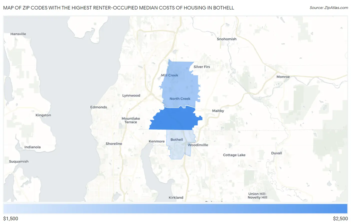 Zip Codes with the Highest Renter-Occupied Median Costs of Housing in Bothell Map