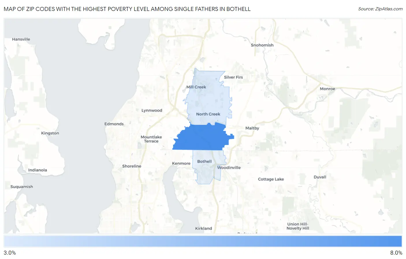 Zip Codes with the Highest Poverty Level Among Single Fathers in Bothell Map